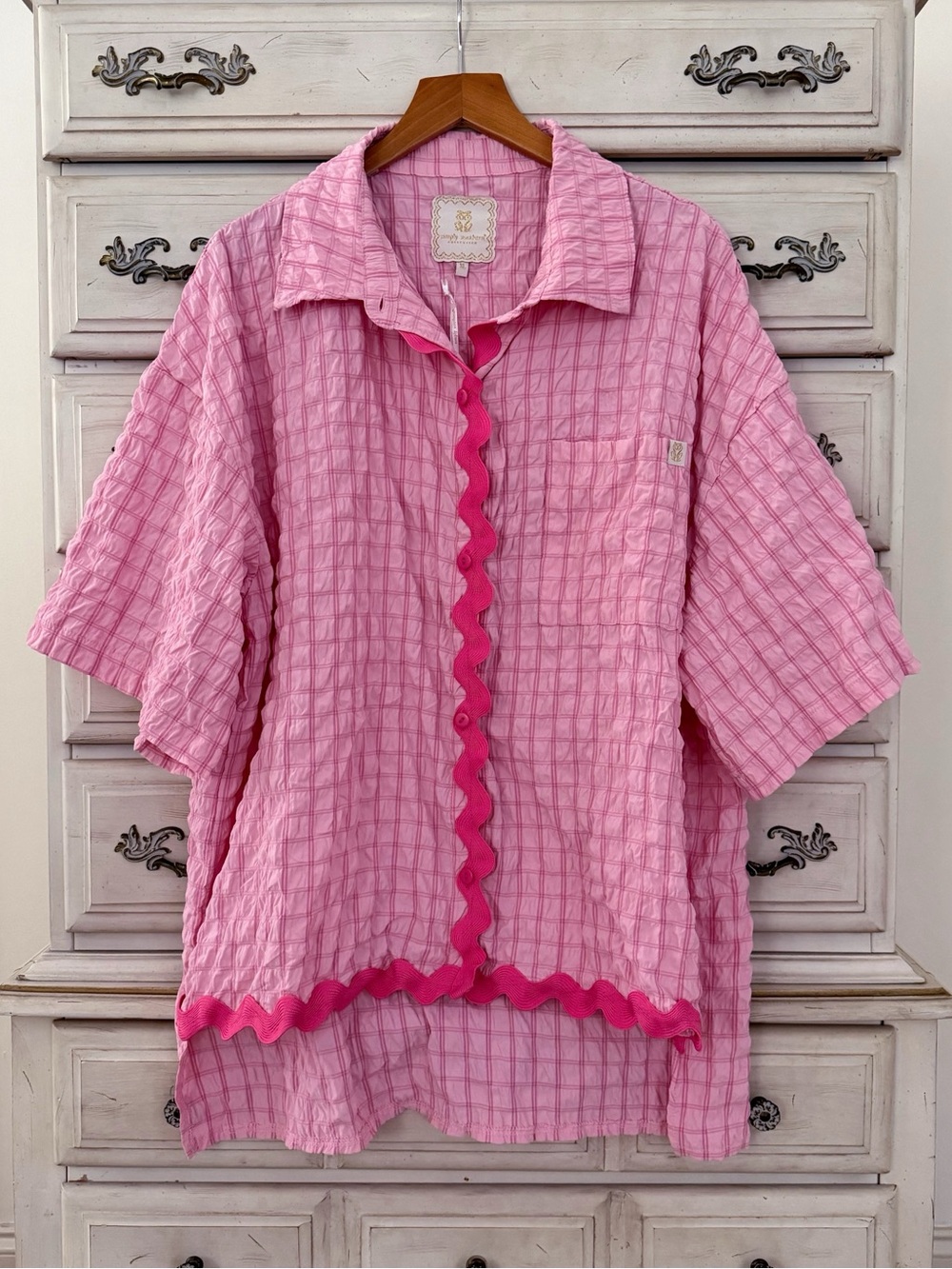 Simply Southern Pink Checkered Seersucker Top - Picture 1 of 4